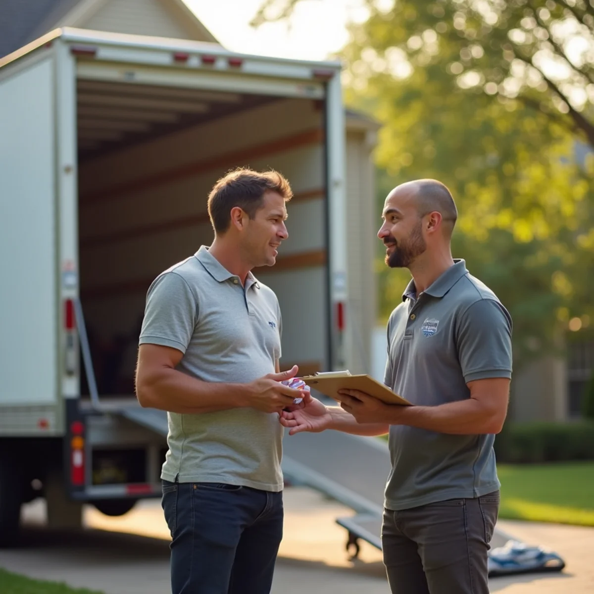 First Priority Movers founders and lead crew reviewing move checklist outside Twin Cities home