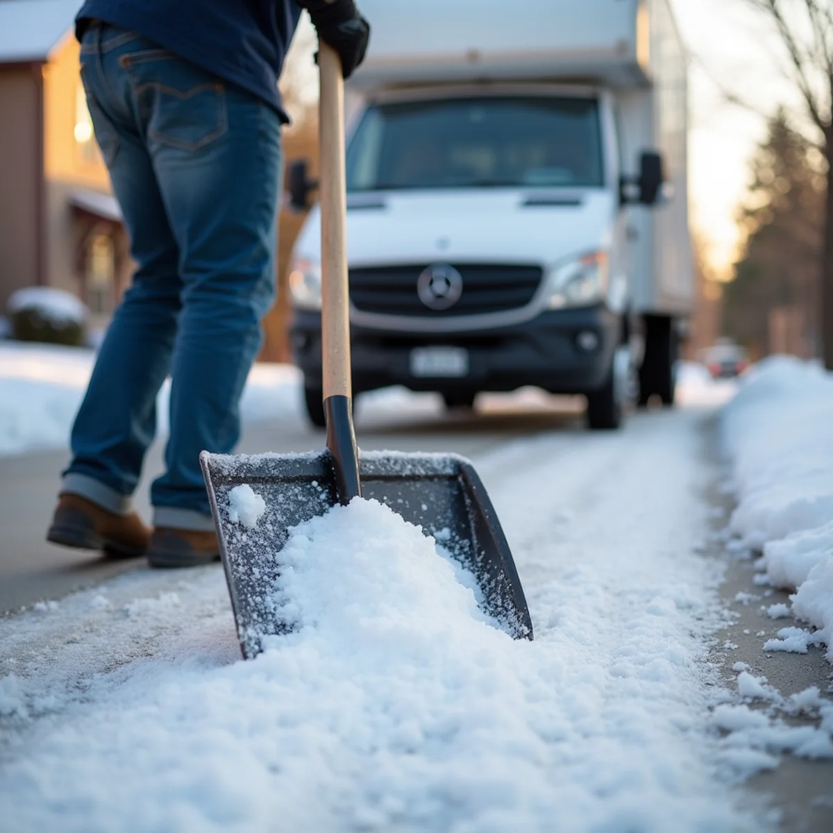 Shoveling and salting walkway path before moving truck arrives in winter