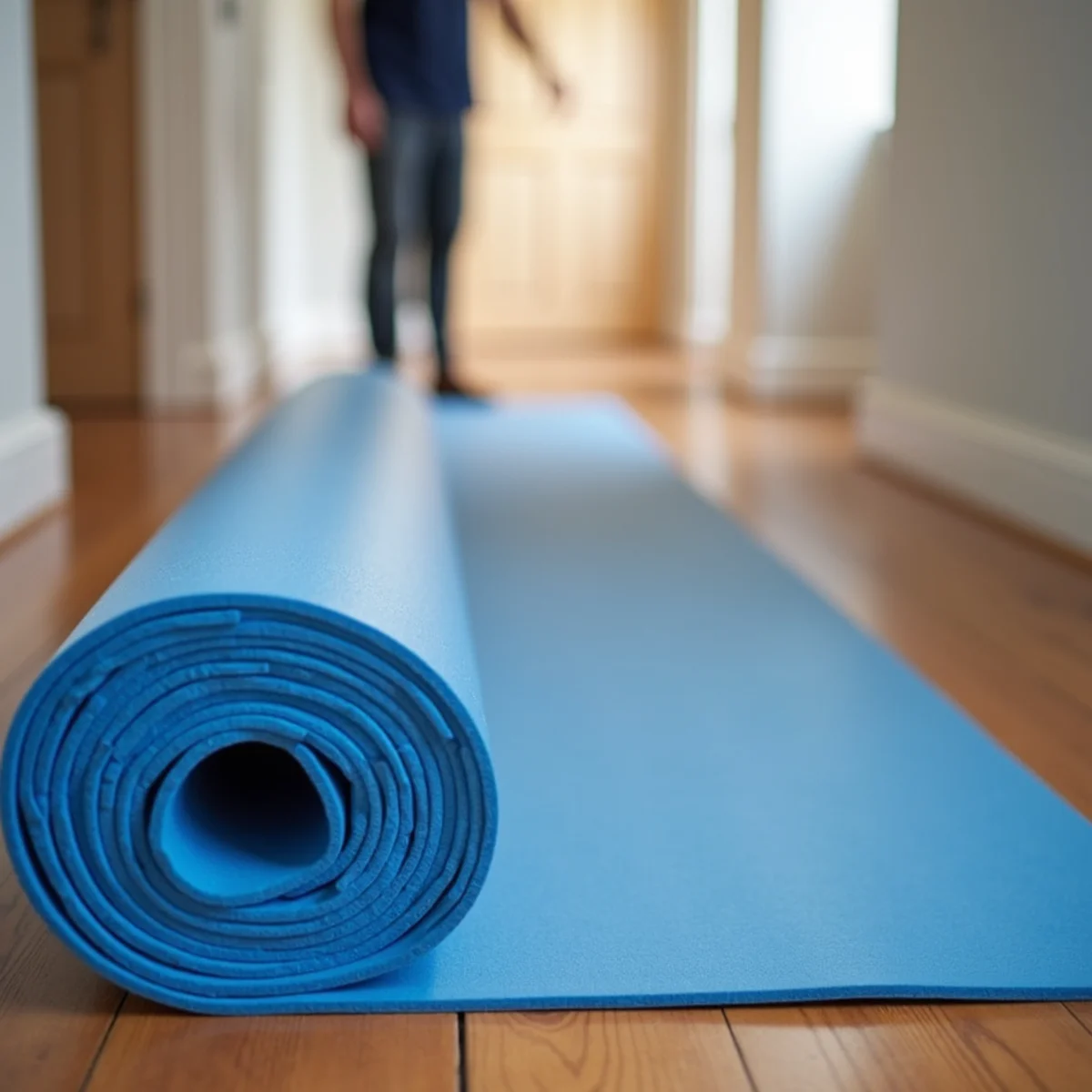 Laying waterproof neoprene floor runners to protect wood floors from snow and salt