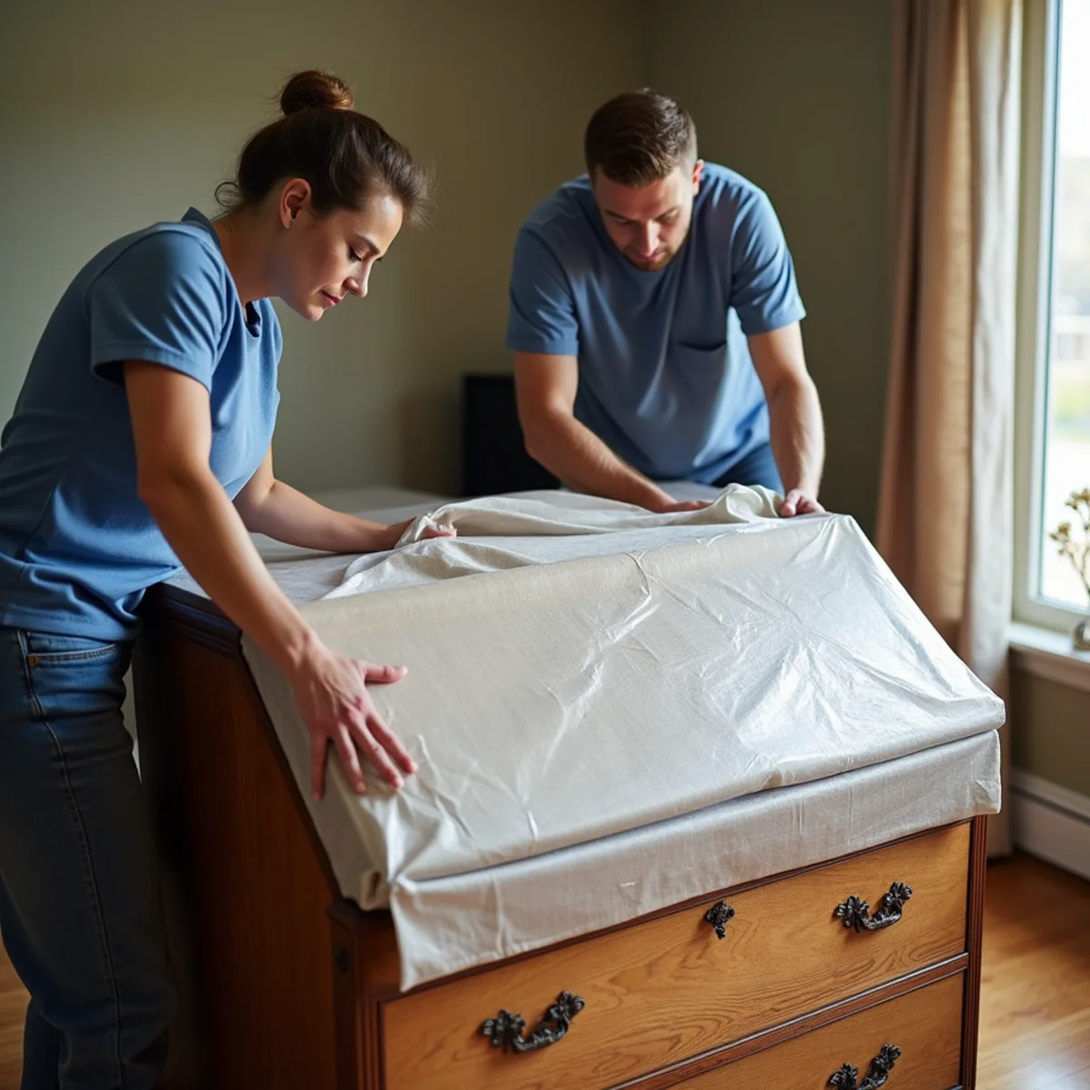 Movers wrapping delicate wooden furniture in thermal blankets against freezing cold
