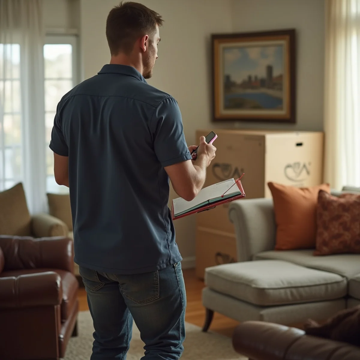 Homeowner doing rapid 5-minute inventory triage before movers arrive