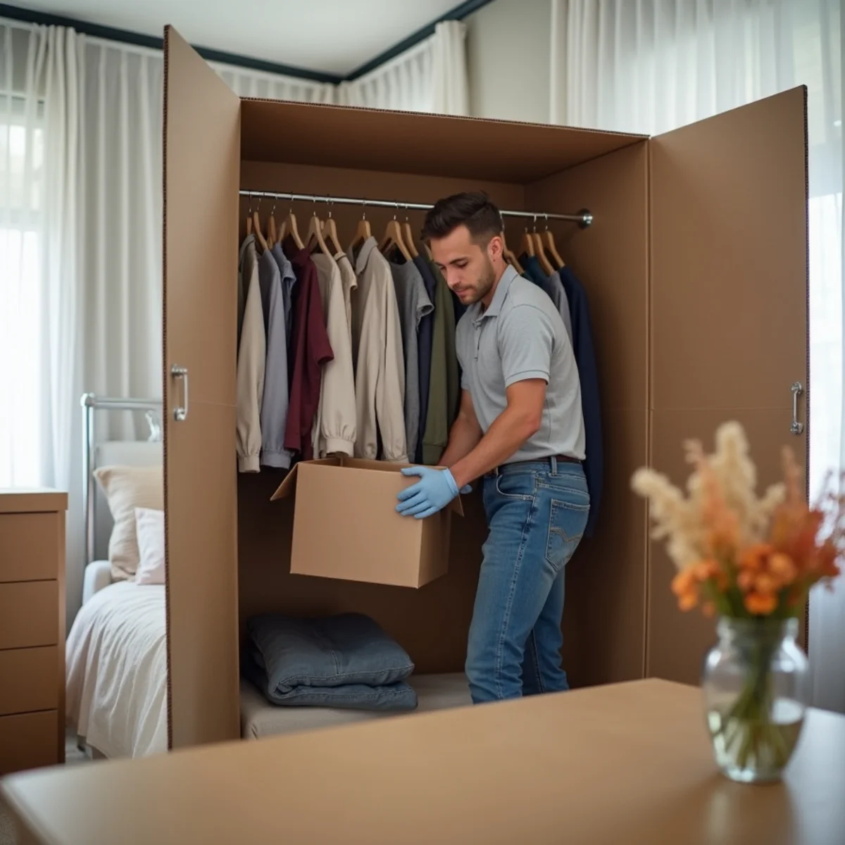 Quickly packing essential clothes and wardrobe box for last-minute move