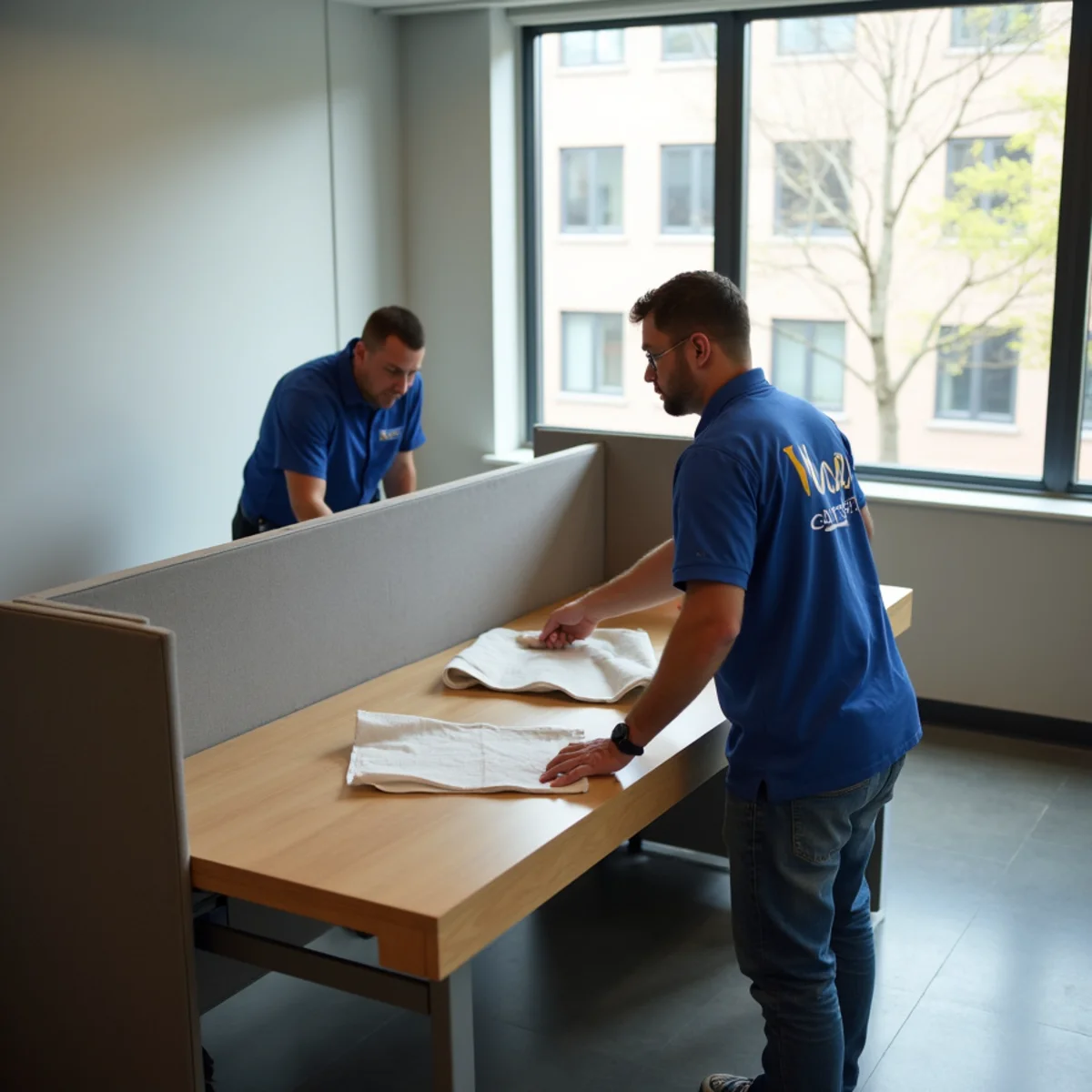 First Priority Movers crew disassembling office workstations during Minneapolis corporate relocation