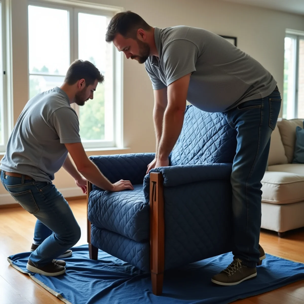 First Priority Movers crew wrapping furniture with quilted moving blankets in Minneapolis living room