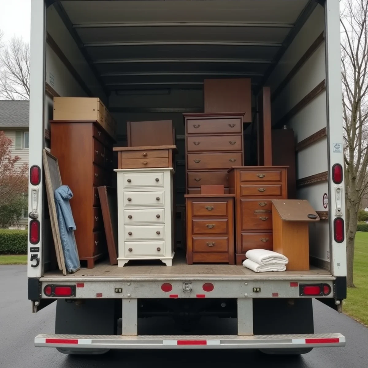 Haul-away truck loaded with furniture and scrap items for recycling and donation