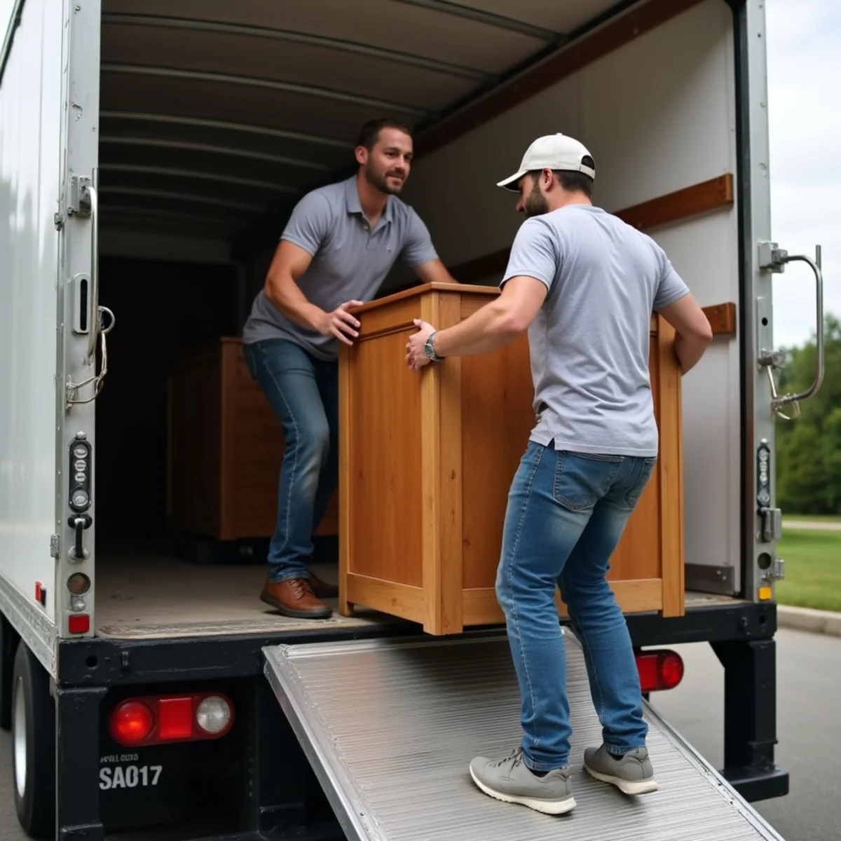 Labor-only movers guiding heavy furniture up walkboard into cargo container