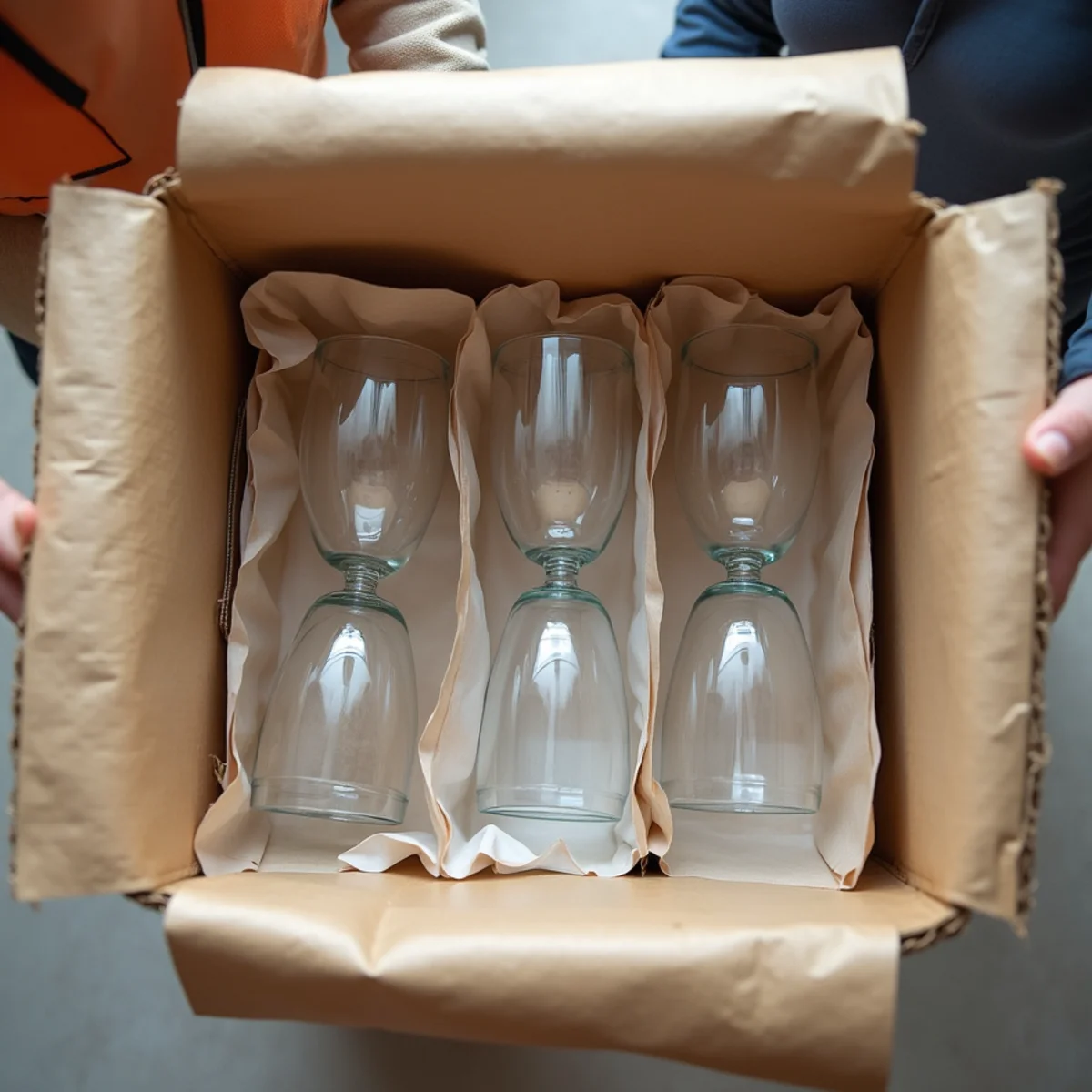 Double-walled dish pack box with wrapped glassware safely cushioned in packing paper