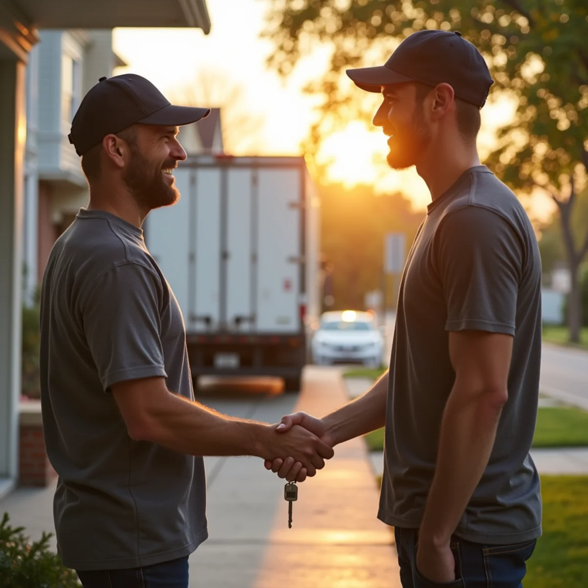 Happy Twin Cities homeowner thanking First Priority Movers crew on front porch