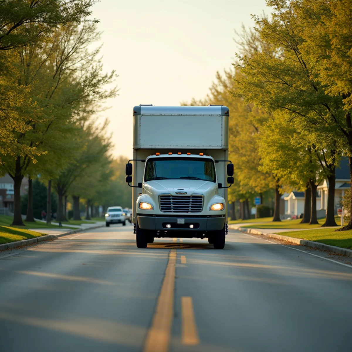 First Priority Movers truck traveling through Twin Cities service area parkway