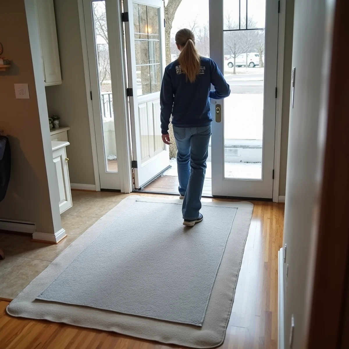 Waterproof neoprene runners protecting home floors from winter slush and salt in Minnesota